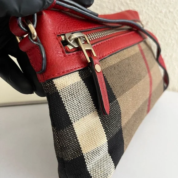Burberry Red Leather Trim Plaid Crossbody Bag - Picture 2 of 12